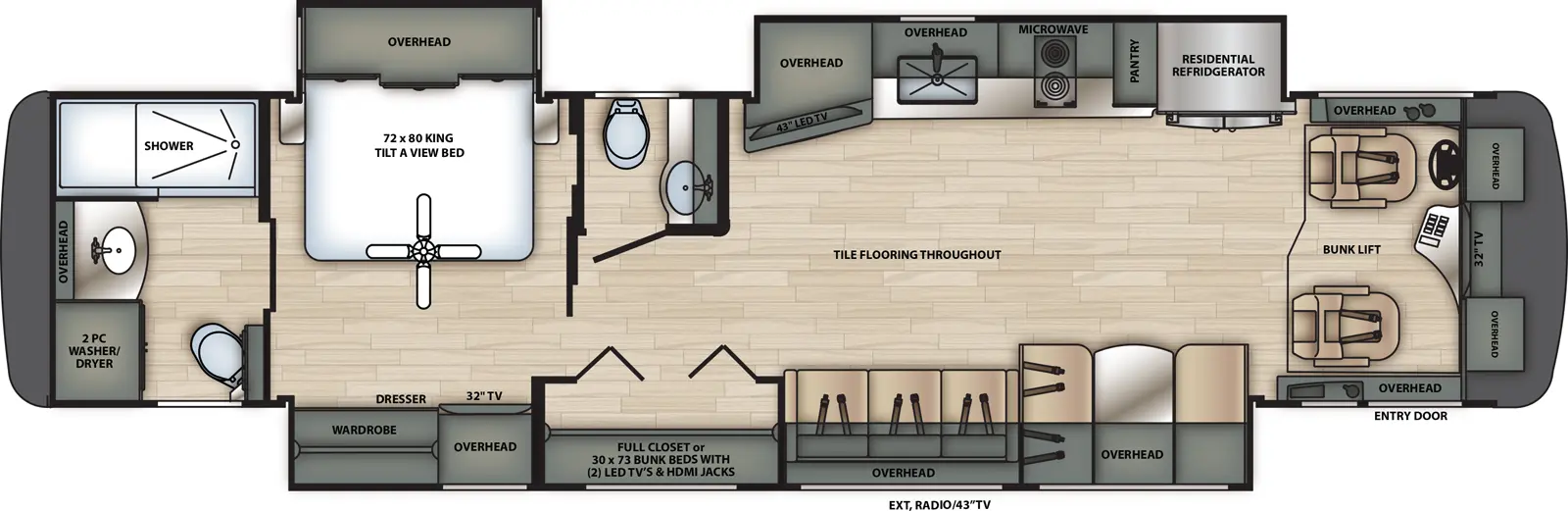 The 40C has three slide outs and one entry. Interior layout front to back: cockpit with entry, overhead cabinets, and cockpit bed; off-door side slideout with refrigerator, microwave over cooktop, kitchen counter with sink, overhead cabinets, and angled TV and fireplace; door side slideout with dinette, overhead cabinets, hide-a-bed-sofa, wardrobe with hinged bunks with two TVs, and a bedroom dresser with overhead cabinets and TV; off-door side half bathroom with medicine cabinet; off-door side slideout with tilt-a-view king bed with overhead cabinet; rear full bathroom with medicine cabinet and washer/dryer prep. Optional theater seating available in place of hide-a-bed sofa.